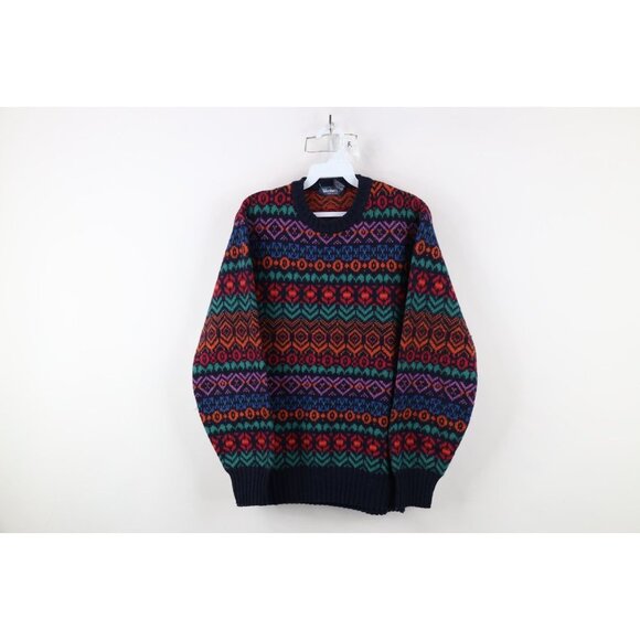 Vintage 90s Streetwear Mens Medium Rainbow Fair Isle Wool Blend Knit Sweater